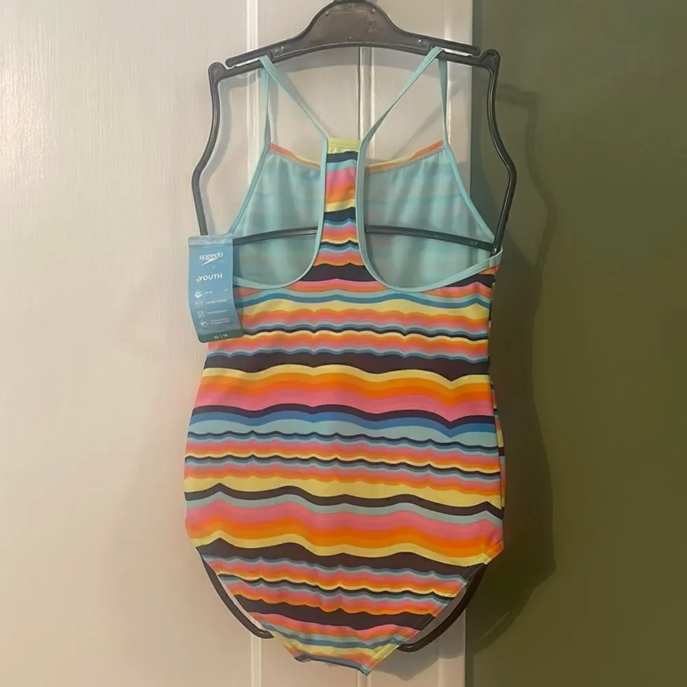 #17 Speedo youth bathing suit blue, orange, pink Medium 10 1 piece NWT Stripes